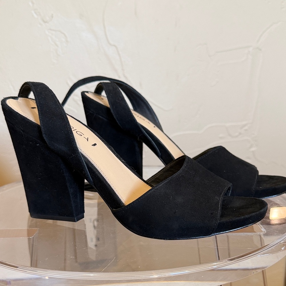 Via Spiga Black Suede Block Heel Ankle Strap Sandals